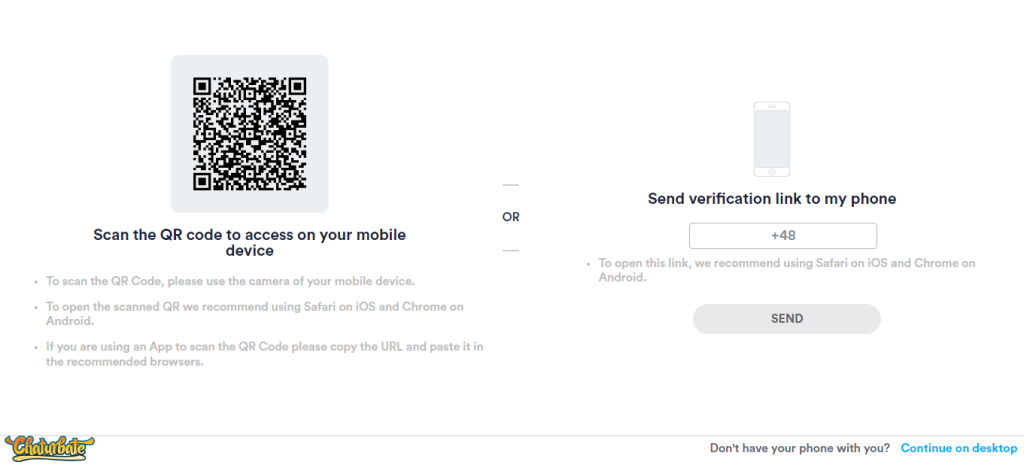 Înregistrează un cont de model de webcam pe Chaturbate și alege o metodă de verificare.